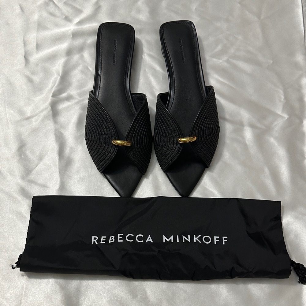 Rebecca Minkoff Black Pointed Slip-On Mules with Gold Accent